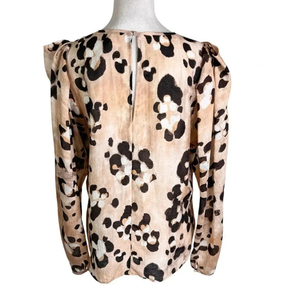 H&M Linen Blend Animal Print Puff Sleeve Top Beige Size S - Picture 3 of 11